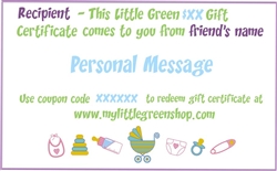 My Little Green Gift Certificate, my little green shop, vancouver, bc, canada, sustainable, gift certificate, earth friendly, baby, kids, gift, modern, mail, gift certificates, any denomination, gift card, baby store, online store, kids store, downtown,
