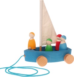 Grimm's Large Land Yacht Pull Toy with 4 Sailors, my little green shop, vancouver, bc, canada, safe, gift, wooden toys, kids store, online store, non-toxic, wood toys, toddlers,downtown Vancouver, online, eco-friendly, heirloom toys, Grimm's, pull toy